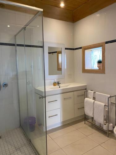德罗马纳斯特拉德罗玛纳酒店的带淋浴、盥洗盆和镜子的浴室