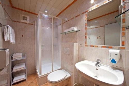 圣卡尼兹Hotel Auszeit的带淋浴、卫生间和盥洗盆的浴室