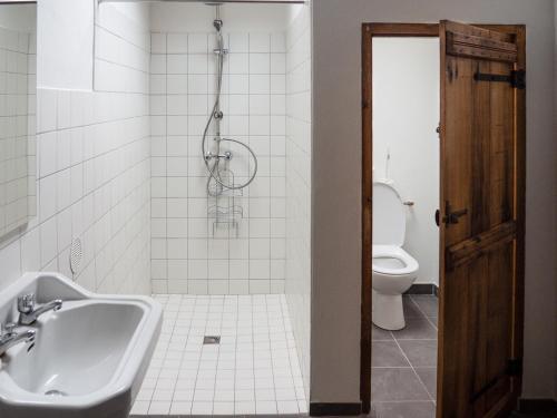 圣米歇尔AUBERGE BORDA的带淋浴、盥洗盆和卫生间的浴室