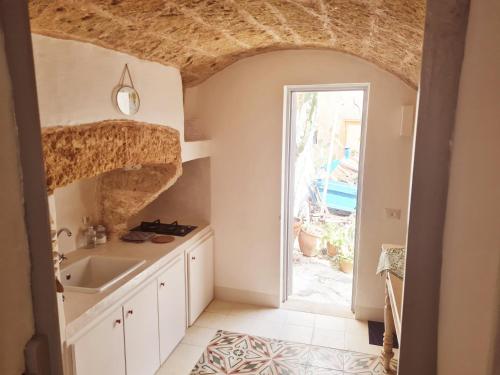 马蒂诺La Casa dei Bombi Nettare & Polline的一个带水槽的厨房和一个通往庭院的门