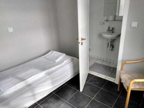 斯科加尔弗斯Guesthouse Skógafoss的一间带床和水槽的小卧室