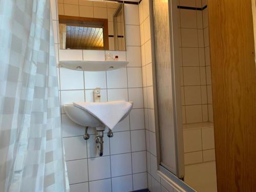 尼尔廷根Hotel Garni Siedlerstube的一间带水槽和镜子的浴室
