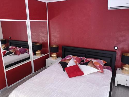 阿格德角Chambre La Palmeraie village naturiste的一间卧室配有一张带红色墙壁和镜子的床