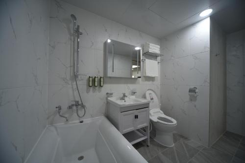 釜山Haeundae Central Hotel的带浴缸、盥洗盆和卫生间的浴室