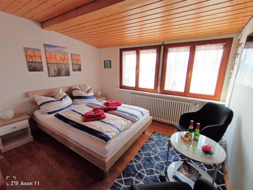 康斯坦茨BodenSEE Privatzimmer "Haus am Weinberg Konstanz"的卧室配有1张床、1张桌子和1把椅子