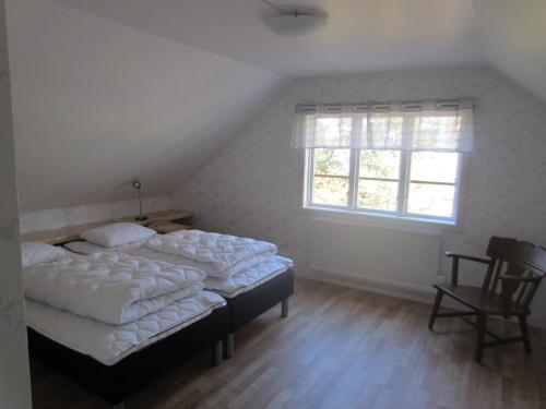 ArbråTORPET (Villa Solsidan), Hälsingland, Sweden的一间卧室设有两张床和窗户。