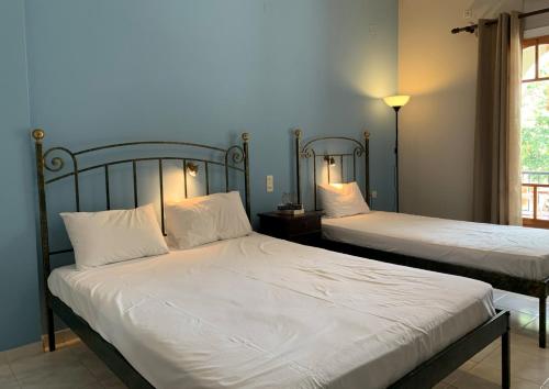 凯里翁Katerinas Inn Apartments的蓝色墙壁客房的两张床