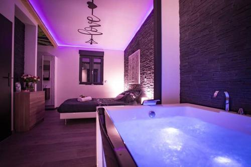 弗传斯LE COTTAGE Zen LOVE的一间带浴缸的浴室和一张位于客房内的床