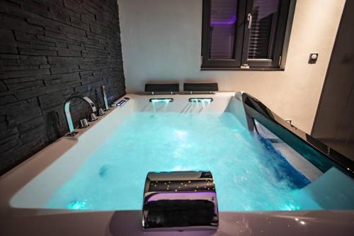 弗传斯LE COTTAGE Zen LOVE的客房内的蓝色热水浴池