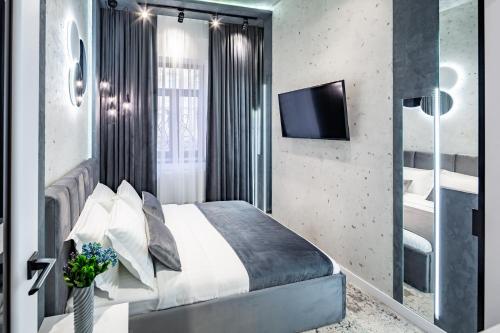利沃夫Alfa Apartments Kulisha 12的一间卧室配有一张床和一台电视。