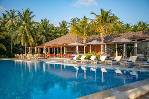 曼度Fiyavalhu Resort Maldives的一个带躺椅和棕榈树的度假游泳池