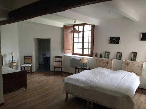 普罗旺斯地区阿莱马尼Concièrgerie du Château d'Allemagne En Provence的卧室配有白色的床和窗户。