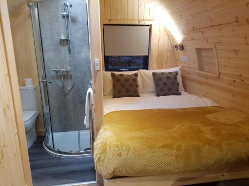 马莱格Mallaig Glamping Pods的一间卧室配有一张床,一间设有淋浴。