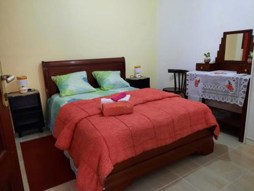 Basse-PointeLe refuge privatif de Julie的一间卧室配有一张带红色毯子的床