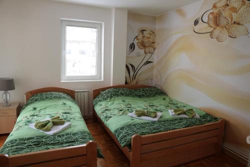 新瓦罗什Apartman Rastko的配有绿床单的客房内的两张床