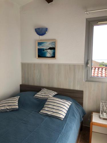 阿格德角appartement vue mer的一间卧室设有蓝色的床和窗户。