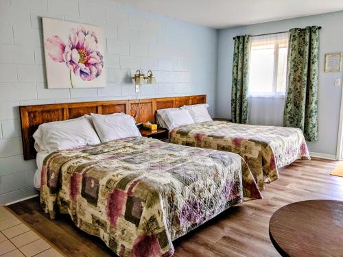 悉尼Jacques Cartier Motel的酒店客房设有两张床和一张桌子。