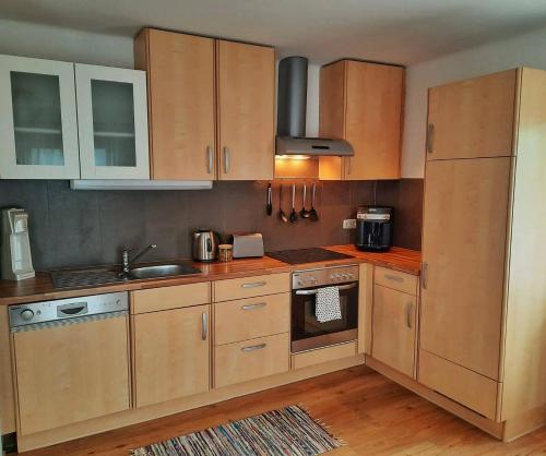 奥西亚歇尔湖畔施泰因多夫Apartment Fischer mit Privatstrand的一个带木制橱柜和水槽的厨房