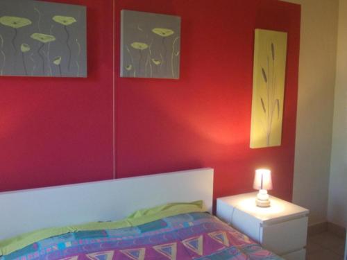 迪南Foyti的一间卧室设有红色的墙壁和一张带灯的床