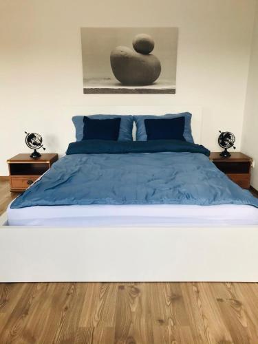 文戈热沃Apartament Marina Mazury的一间卧室配有一张带蓝色棉被的大床