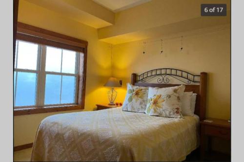斯诺肖'The Treehouse' at Snowshoe - Village & Slope View的卧室配有带枕头的床铺和窗户。