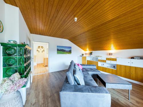 加尔米施-帕滕基兴Chalet Alpenglühen的带沙发和木制天花板的客厅