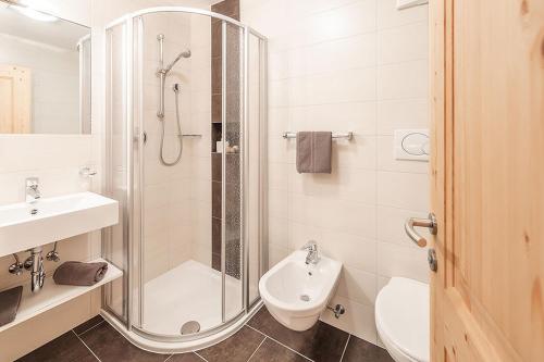 瓦尔奥纳的圣乔凡尼Apartments Silva Alpenblick的带淋浴、卫生间和盥洗盆的浴室