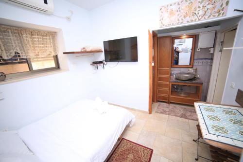 哈德拉Ahuzat Shaul - Studio的一间卧室配有一张床和一台电视。