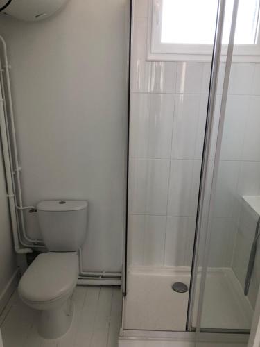 迪纳尔Studio centre Dinard的一间带卫生间和玻璃淋浴间的浴室