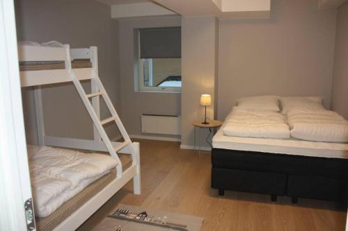 史特林Meget flott leilighet i Stryn sentrum的一间卧室设有两张双层床和一扇窗户。