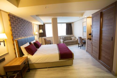 伊斯坦布尔Beşiktaş Serenity Hotel的酒店客房设有床和客厅。