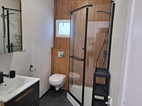 米泽德沃兹Radosna Zatoka - Domki mobilne i drewniane z ogródkami, apartamenty, namioty的带淋浴、卫生间和盥洗盆的浴室