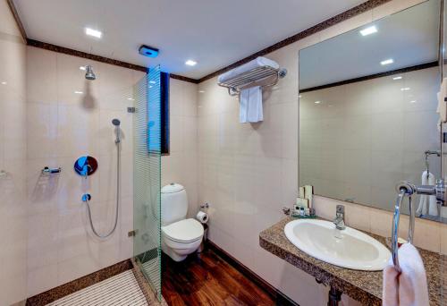 加尔各答幸运之家酒店的一间带水槽、淋浴和卫生间的浴室