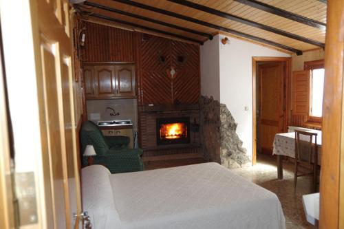 拉斯马哈达斯CASA RURAL JAVIER " ESTUDIO"e的一间带壁炉的卧室和一张位于客房内的床