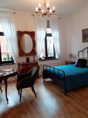比得哥什Apartment lux gimnazjalna的一间卧室配有一张床、一张书桌和一面镜子