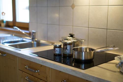 维拉巴萨Stifterhof的厨房柜台设有锅和水槽