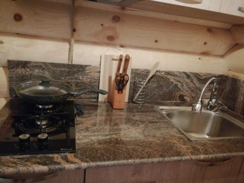 巴统Cottage house Niniela的厨房柜台配有炉灶和水槽