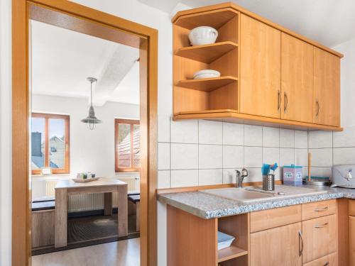 索内贝格Stylish apartment with terrace in Sonneberg的一个带木制橱柜和水槽的厨房