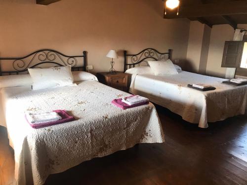 Casas del CastañarCASA RURAL LA CABRERA的一间卧室配有两张带毛巾的床