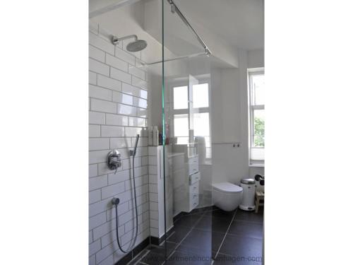 哥本哈根ApartmentInCopenhagen Apartment 414的一间带卫生间和玻璃淋浴间的浴室