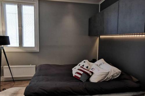 劳马Luxury apartment In the middle Of old Rauma的一间卧室配有一张带两个枕头的床