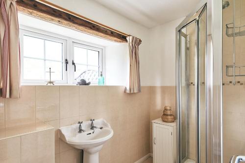 斯多克兰Blackdown Cottage的一间带水槽和淋浴的浴室