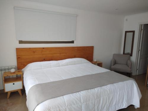 塞拉德洛斯帕德雷斯Chacras de Sierra的卧室配有一张白色大床和一把椅子