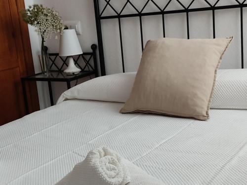 博罗尼亚Apartamentos Bolonia - M a n u e l a的一张带枕头和毛巾的白色床