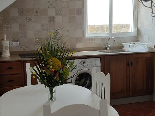博罗尼亚Apartamentos Bolonia - M a n u e l a的厨房配有桌子和花瓶