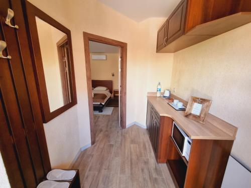哈尔科夫НИК аэро的客房设有带水槽和镜子的厨房