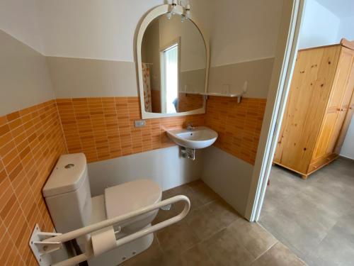 拉科萨Apartamentos Sinás Playa的一间带卫生间、水槽和镜子的浴室