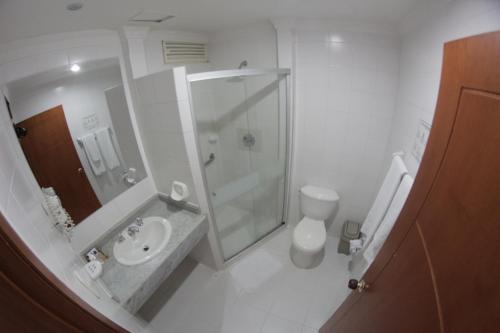 巴耶杜帕尔Vajamar Hotel的带淋浴、盥洗盆和卫生间的浴室
