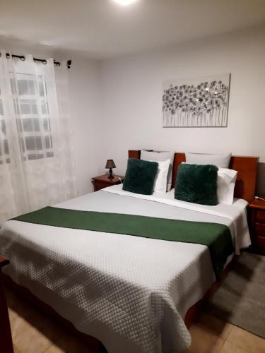 蓬他达维托亚Encanto do Sol的卧室配有带绿色枕头的大型白色床