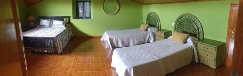 MoránCasa do Cartón的绿墙客房内的两张床